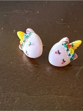Cute Pink Unicorn Stud Earrings with Yellow Horns